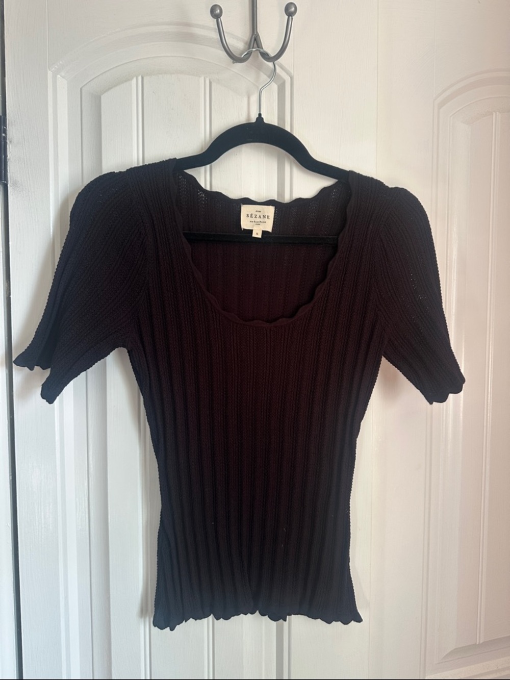 Sezane Black Ribbed Short-Sleeve Knit Top